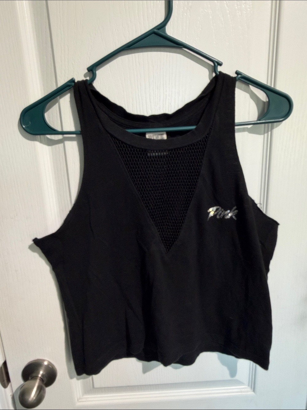 PINK Victoria's Secret Black Mesh-Insert Cropped sequin Tank